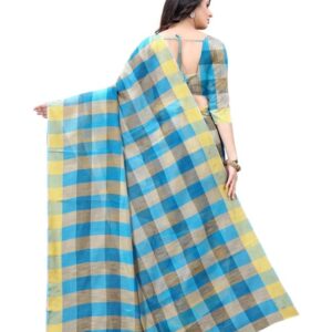 SVHUB Fashion Pure Cotton Checkered Saree With Blouse Piece (Aqua Blue)