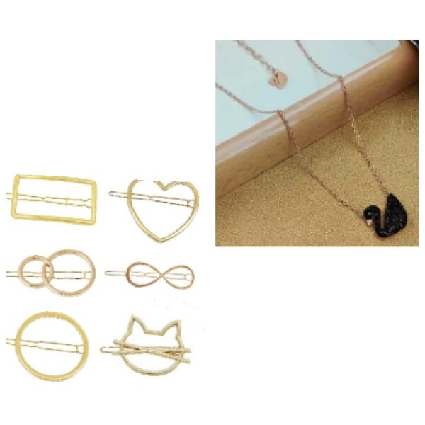 Metal Geometric Hair Clips (Pack of 6) and  One Black Duck Chain